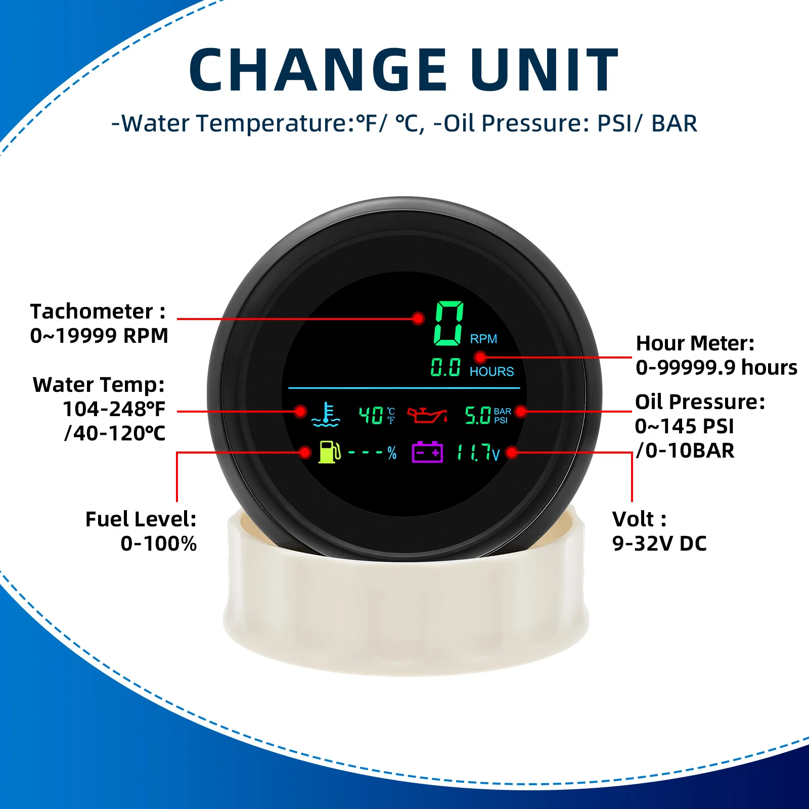 Tacómetro multifunción 6 en 1 de 85 mm y 12 V para coche y barco - imagen 3