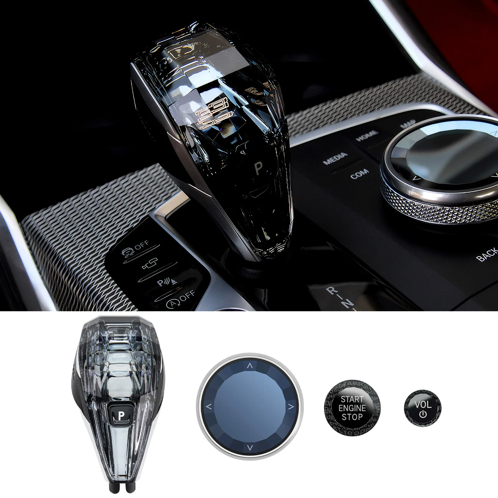 Juego de 4 piezas de perilla de palanca de cambios de cristal con retroiluminación naranja perilla de palanca de cambios automática apta para la serie BMW - imagen 3