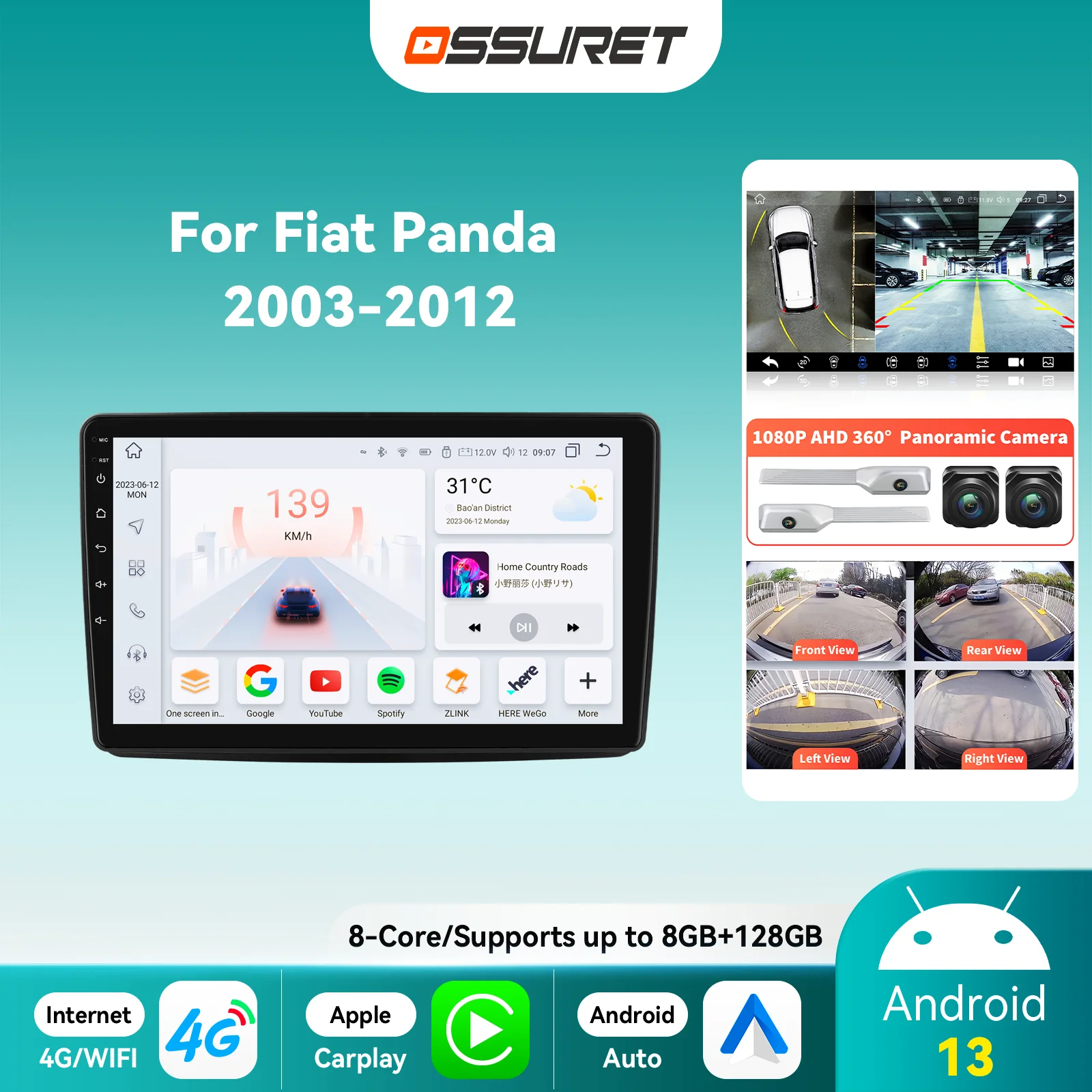 Autorradio 2 DIN Android con 4G, CarPlay y GPS para Fiat Panda 2003-2012