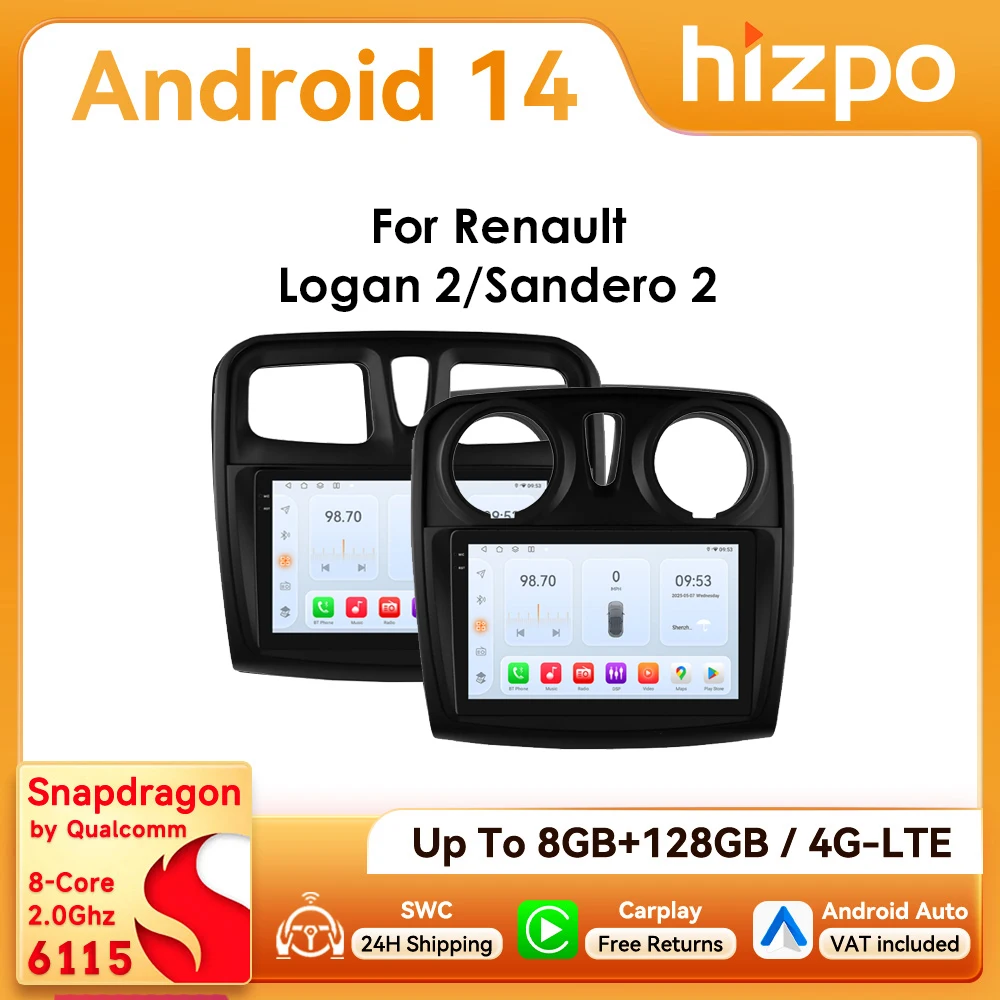 Hizpo Autoradio 2DIN Android 14 para Renault Logan y Sandero 2012-2019