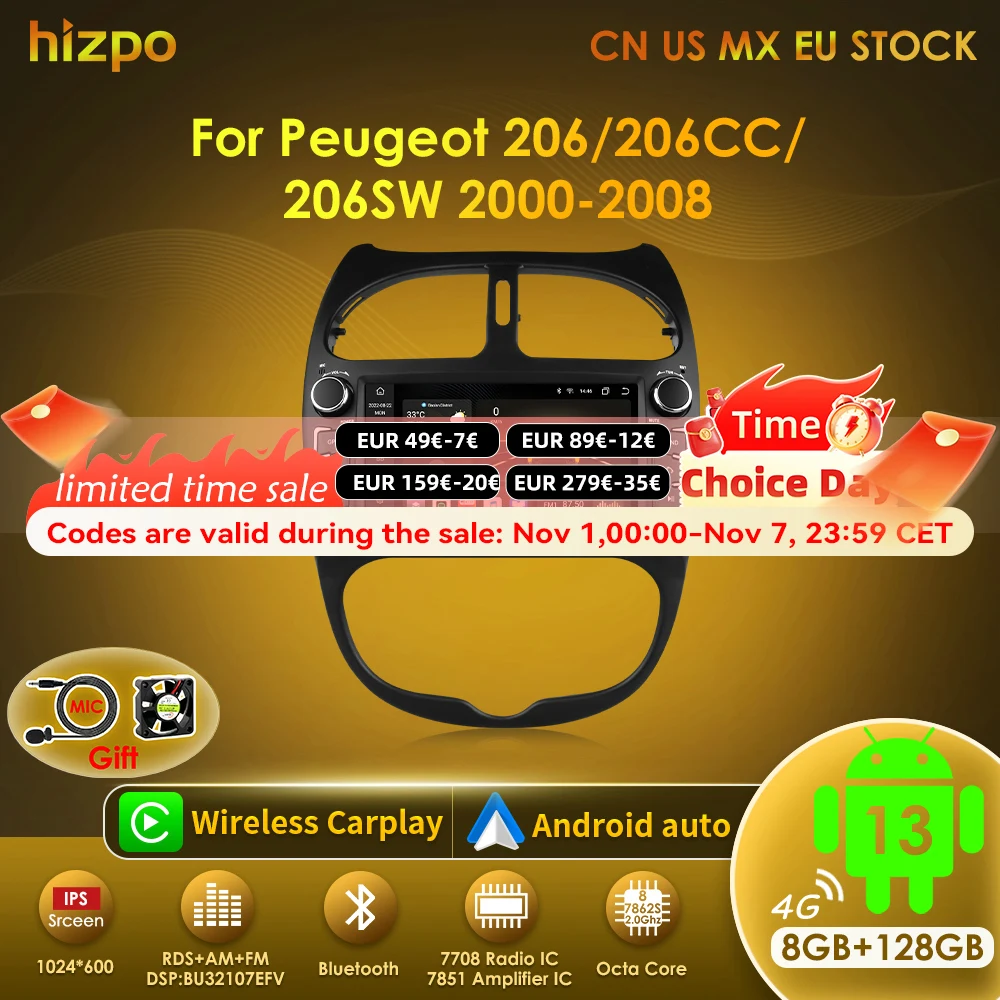 Autoradio Android 13 Hizpo 7862 2DIN GPS Peugeot 206 2000-2008