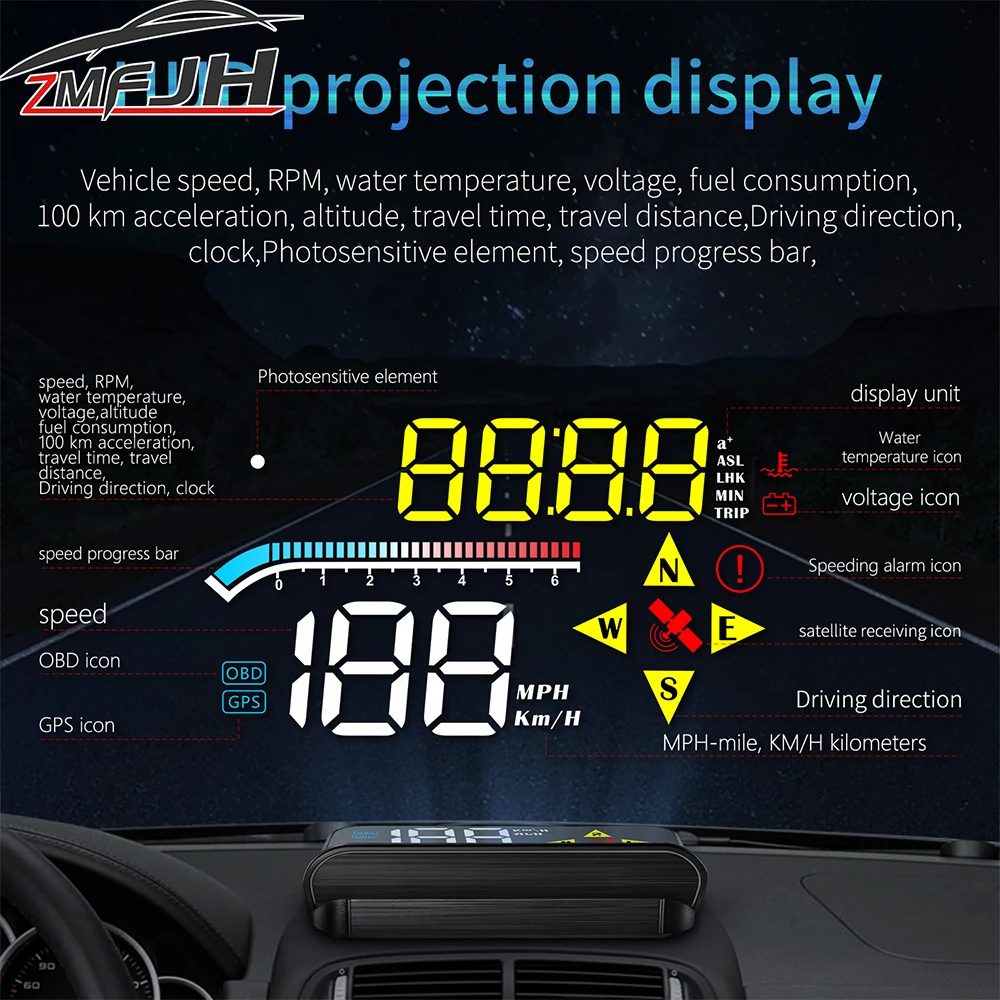 HUD M17 pantalla frontal OBD GPS – Velocímetro RPM y temperatura