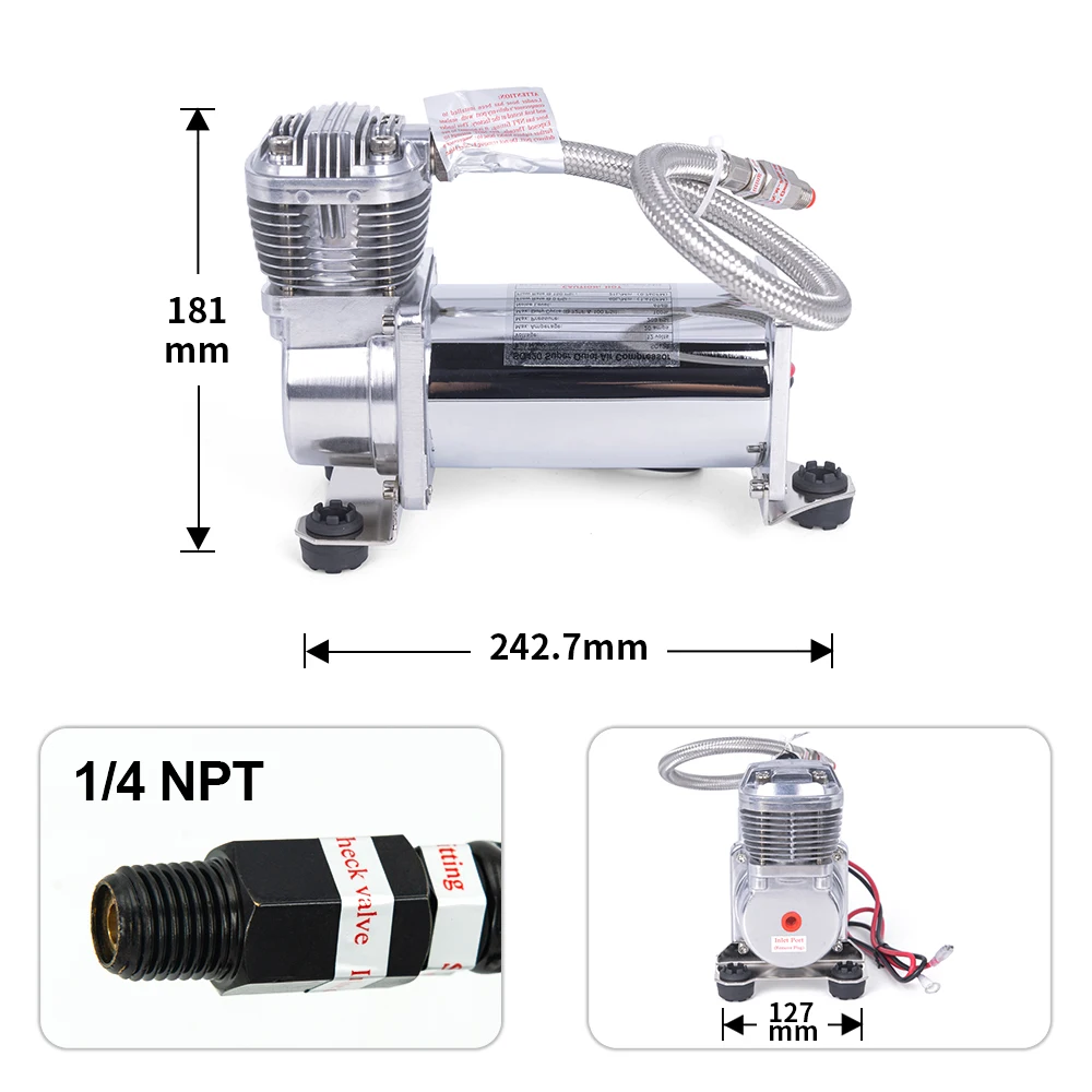 ¡¡¡NUEVO!!! Super silencioso 69DB SQ420 DC 12V 300PSI OUTLET 1/4 CARTEEAIR compresor/bomba de suspensión neumática para coche plateado/negro - imagen 5