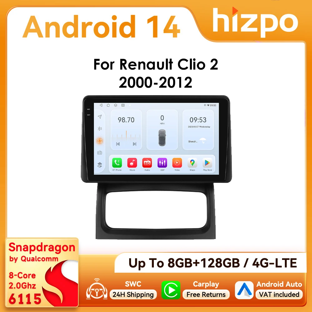 Autoradio 2 DIN Hizpo Android 14 con CarPlay para Renault Clio II