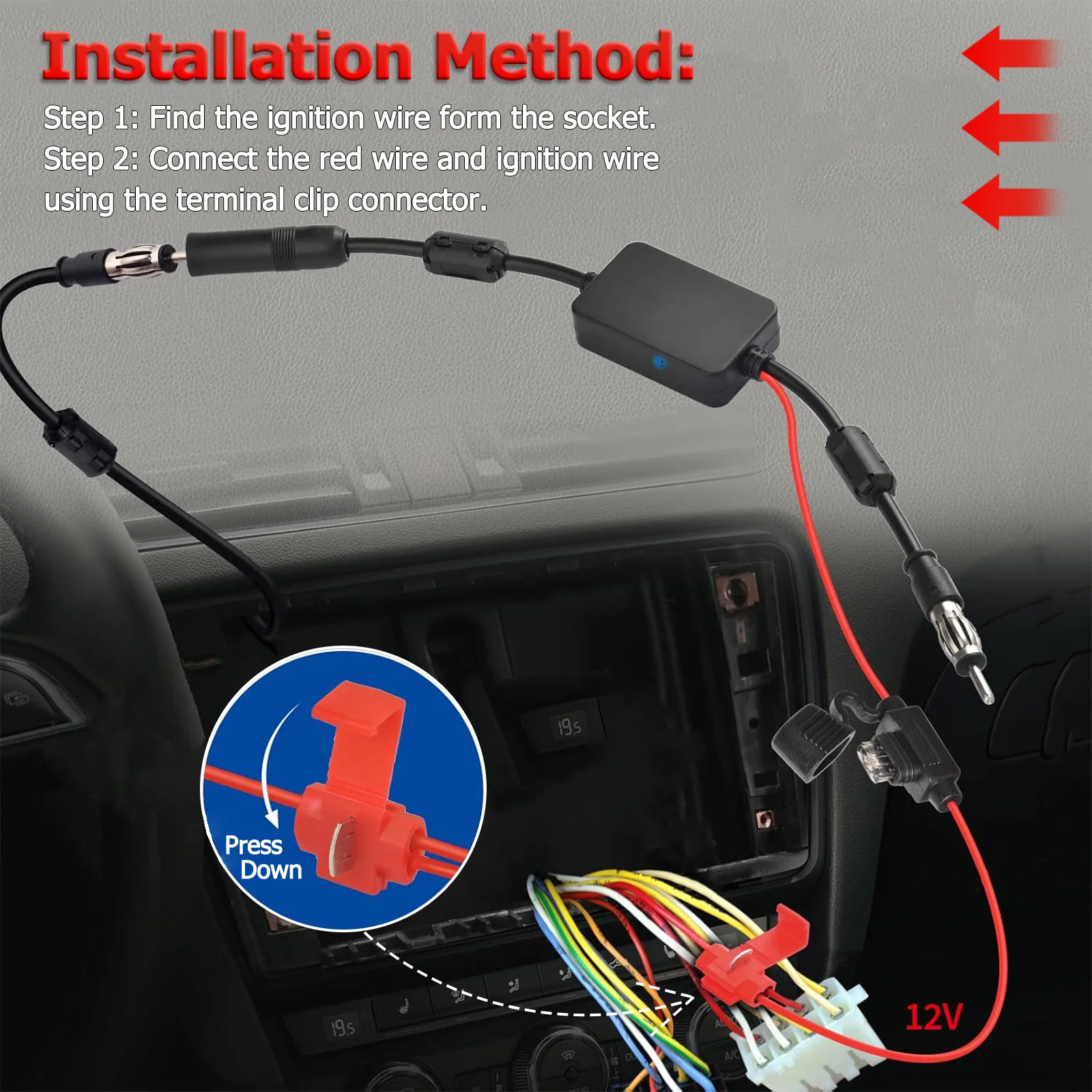 Amplificador FM universal 12V con antena antiinterferencias para coche