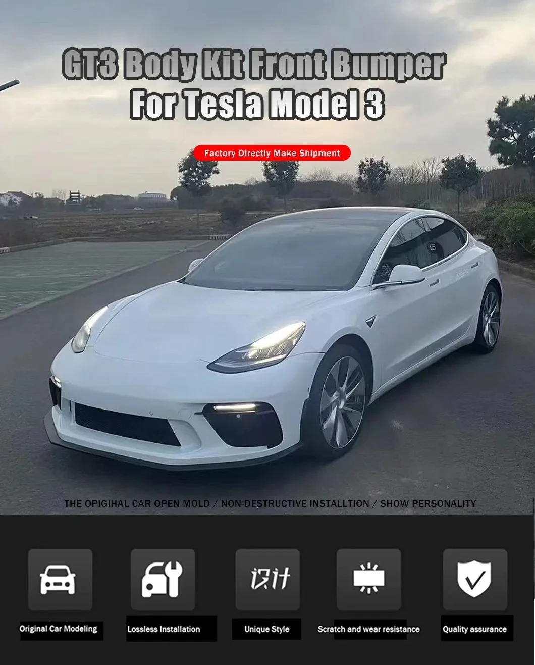 Kit carrocería GT3 Tesla Model 3 vista frontal