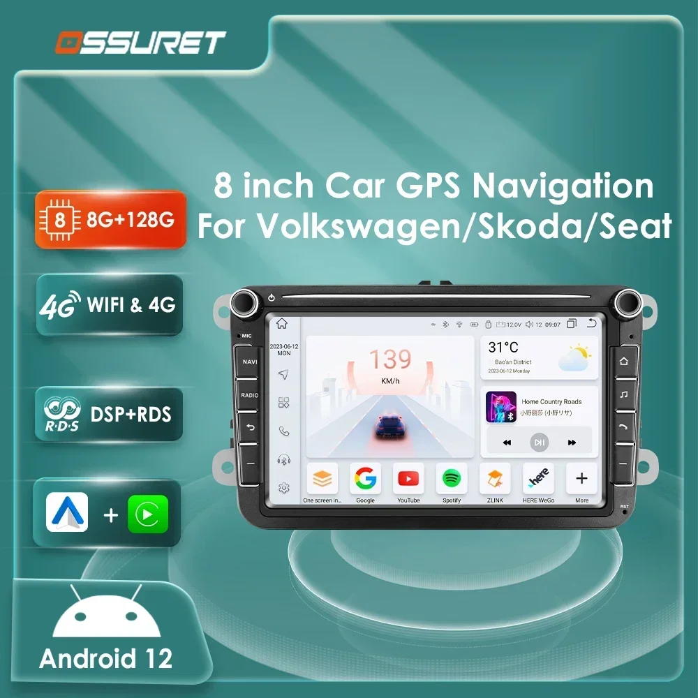 Radio Android 12 8 pulgadas con GPS para VW, Seat y Skoda