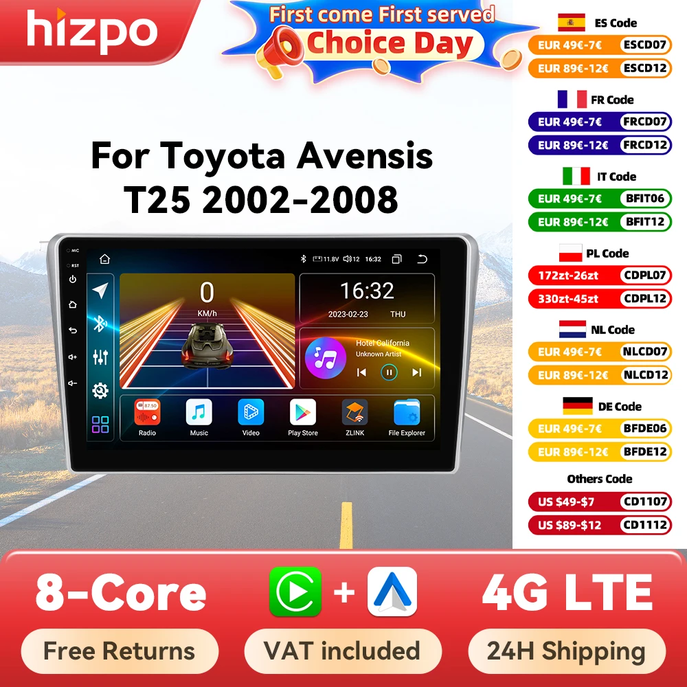 Radio Android 13 Hizpo 2 DIN con CarPlay y GPS – Toyota Avensis T25