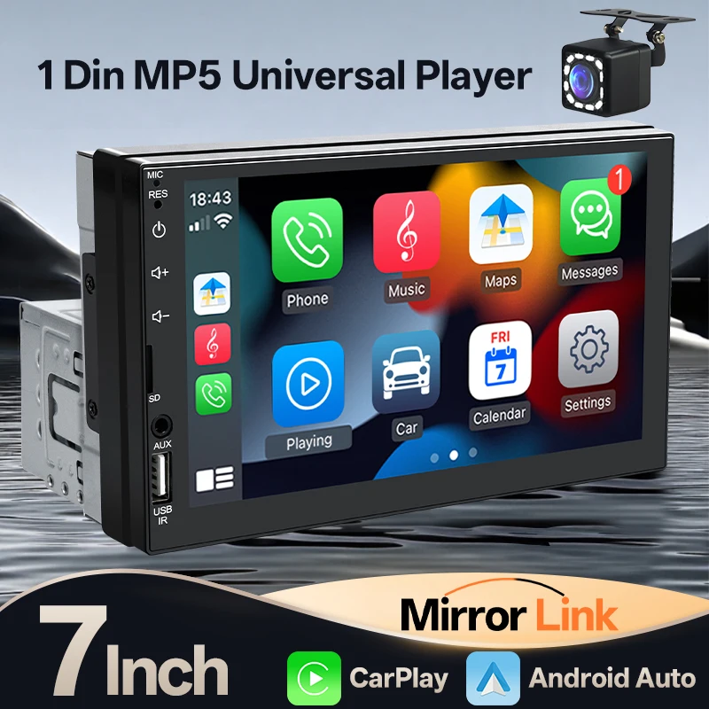 Hippcron 7 "Radio de coche 1 Din Carplay Android Auto reproductor Multimedia USB FM AUX entrada Bluetooth Mirror Link Autoradio Universal"