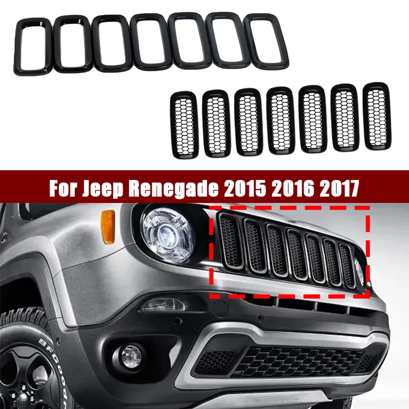 7 Uds ABS negro para Jeep Renegade 2015 2016 2017 insertos de rejilla delantera moldura de marco de parrilla de carreras ABS negro