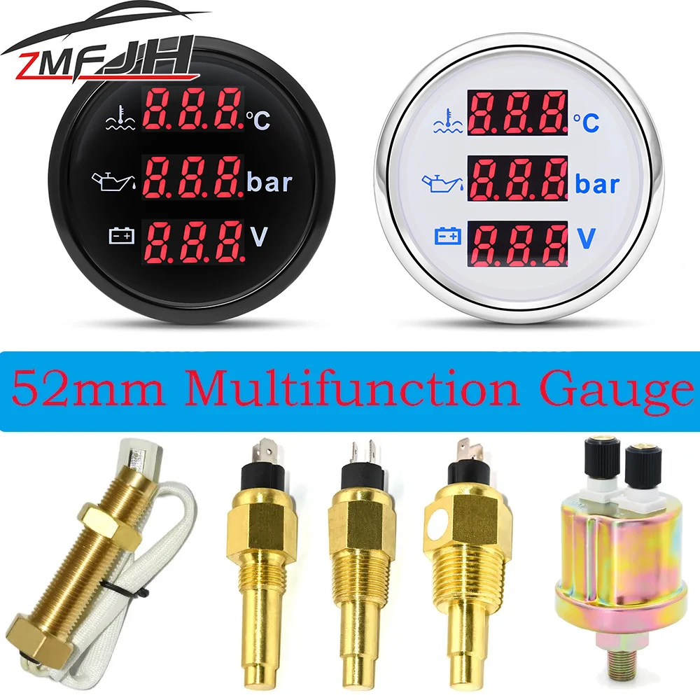 Tacómetro multifunción 52mm: presión aceite, combustible y voltaje LED
