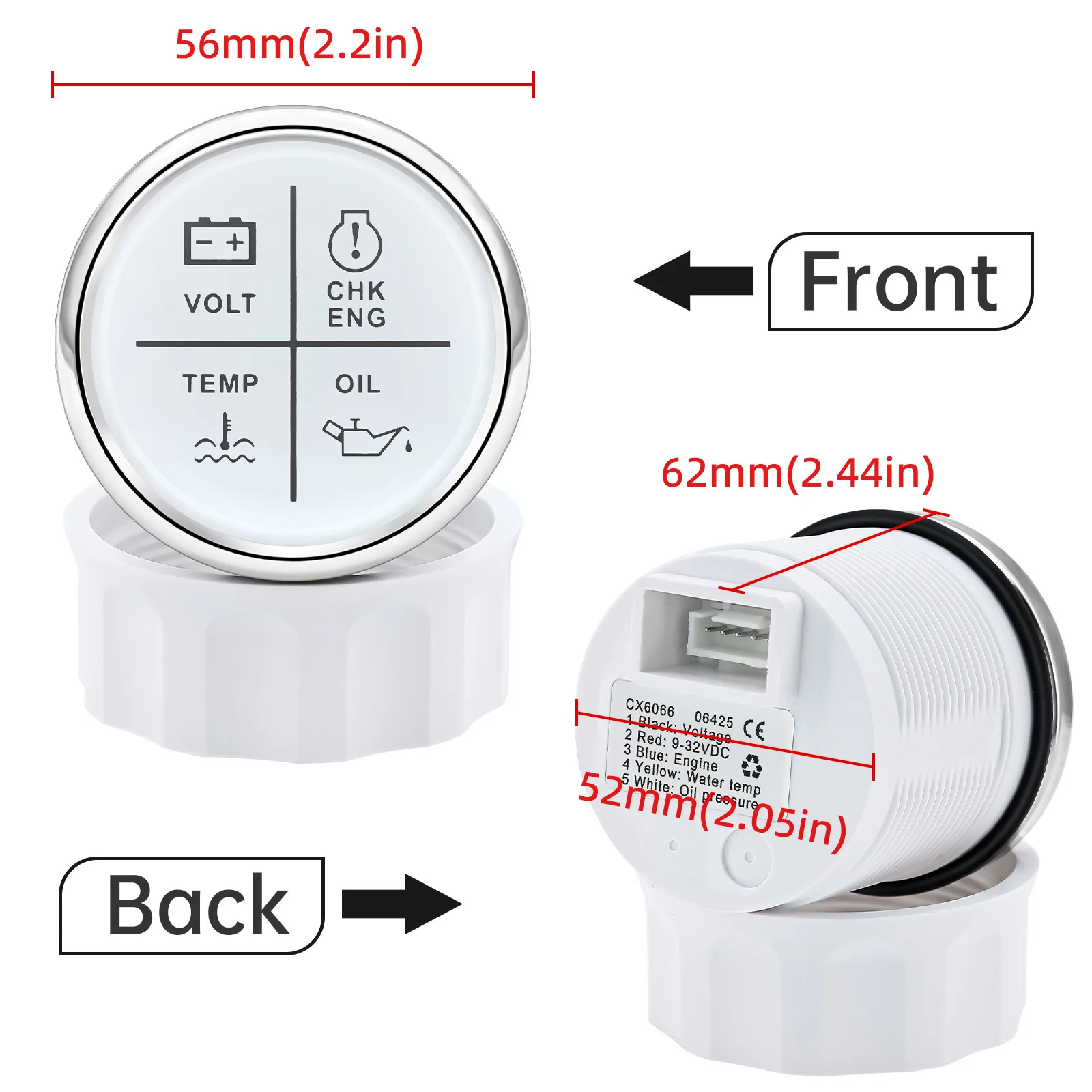 Medidor 52mm 4 en 1: voltaje, aceite, agua y check motor - imagen 2
