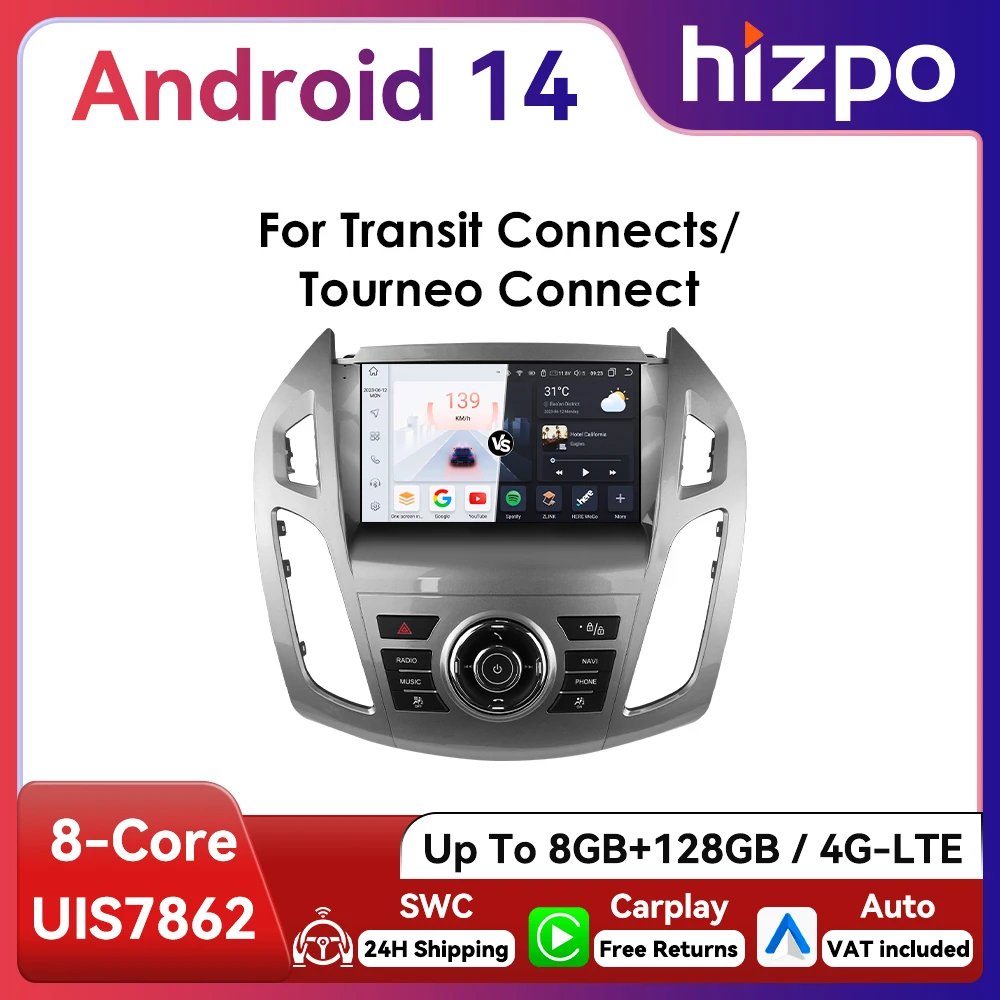 9 " Hizpo 2Din CarPlay Android Auto Radio de coche para Ford Transit Tourneo Connect 2013 - 2018 UI7862 Multimedia 4G RDS DSP GPS Navi