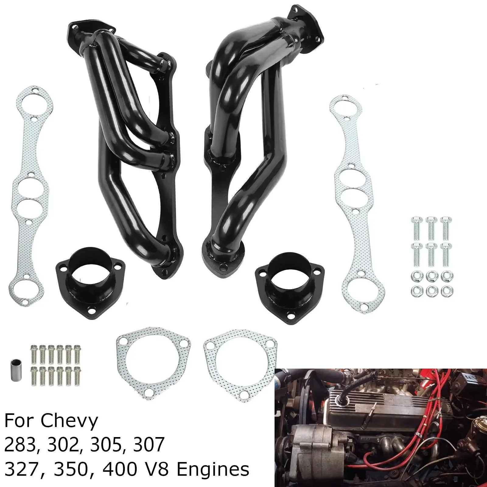Colectores escape negros mejorados Chevy small block V8 Chevelle