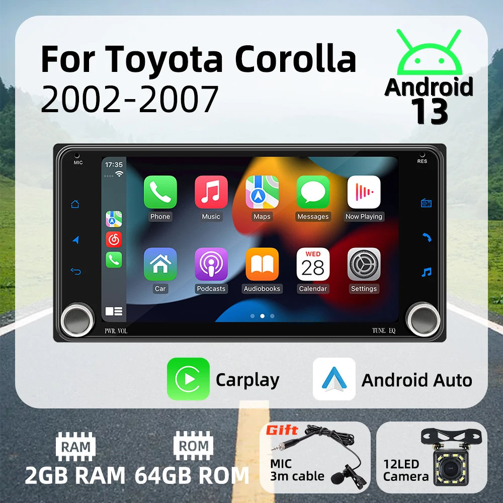 Radio 2DIN 7" CarPlay Android Auto para Toyota Corolla 2002-2007