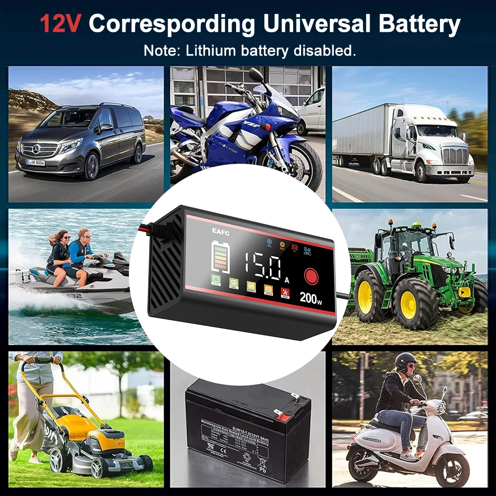EAFC-cargador de batería inteligente para coche, 12V, 15A, 8A, 200W/100W, pantalla LED grande, uso de pulso de batería para calcio, GEL, AGM, húmedo, EFB, LIFEPO4 - imagen 4