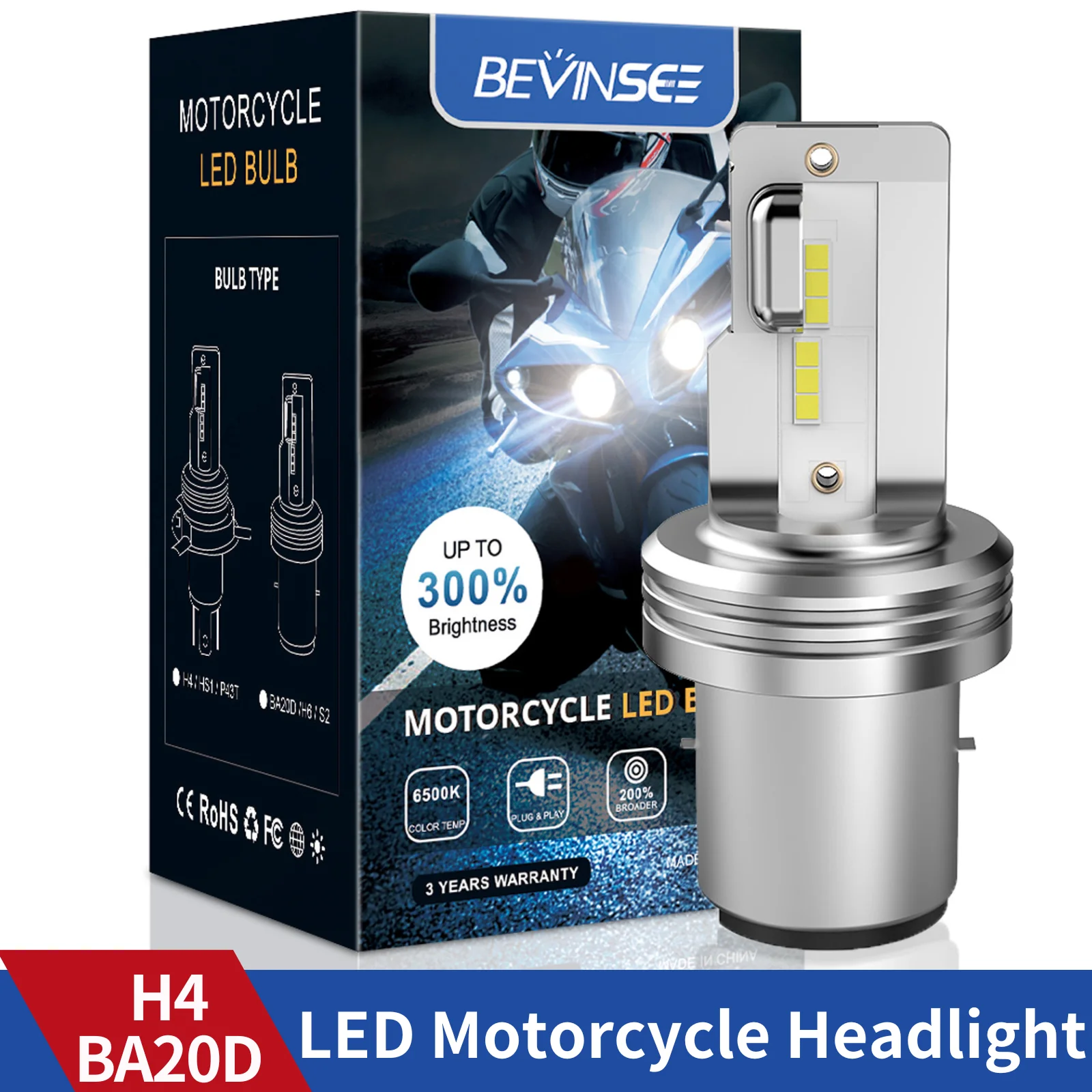 Bombilla LED BEVINSEE BA20D Hi/Lo para moto Honda Kawasaki Yamaha