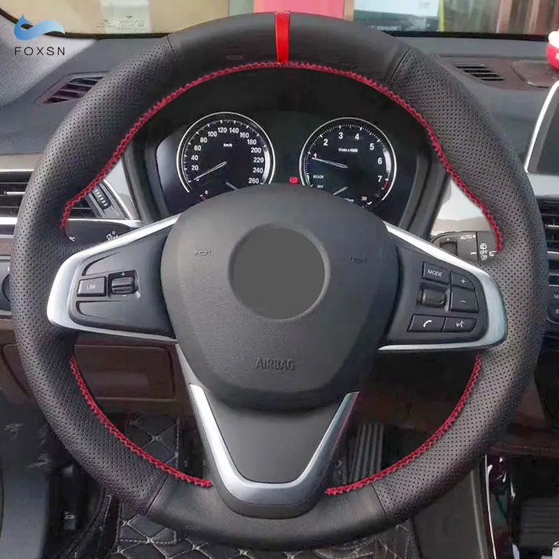 Funda de volante de cuero perforado con franja roja para BMW X1 y X2