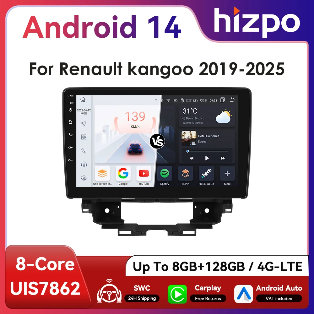 Hizpo radio 2-DIN Android Auto GPS Bluetooth para Renault Kangoo