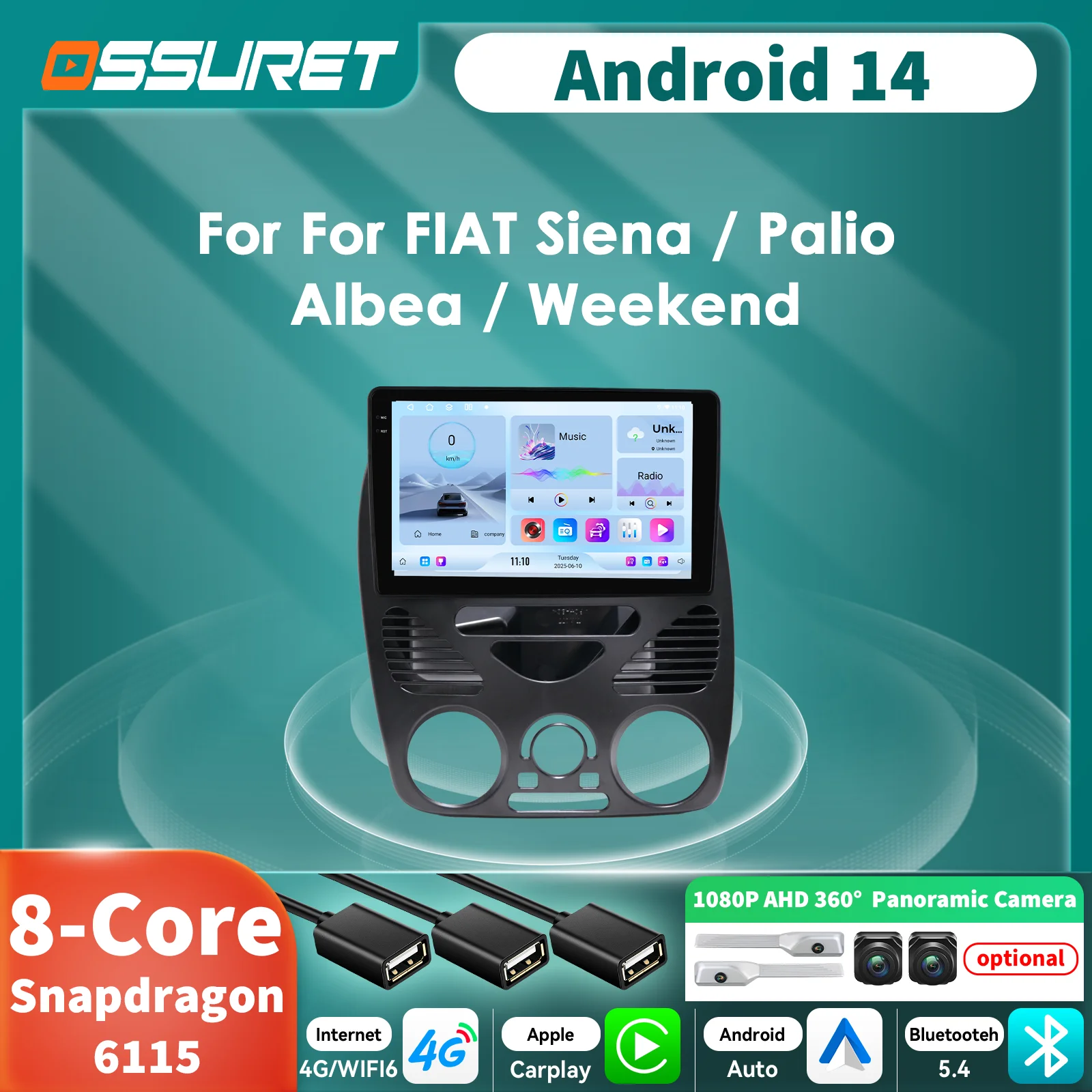 Carplay Android14 Snapdragon autor para FIAT Palio Siena 1996-2004 Albea Weekend 6115 8Core Autoradio GPS 360 Cam Multimedia