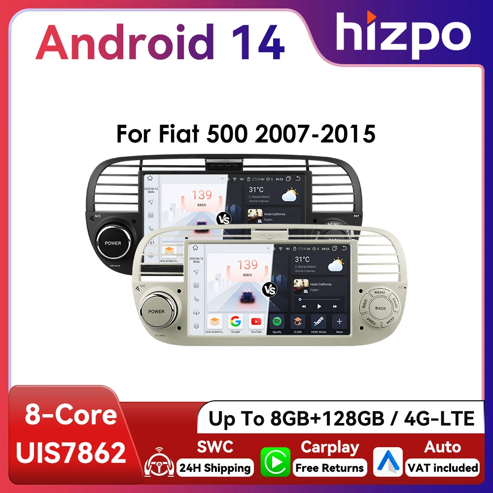Autoradio Android Hizpo 7" con GPS y CarPlay – FIAT 500 2007-2015