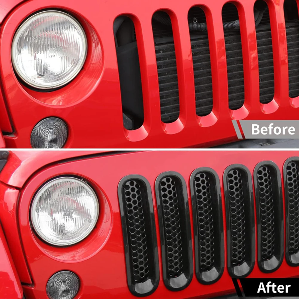 7 Uds. Insertos de malla de rejilla delantera con Clip para coche protector de rejilla de malla para Jeep Wrangler JK JKU 2007-2015 accesorios exteriores - imagen 4