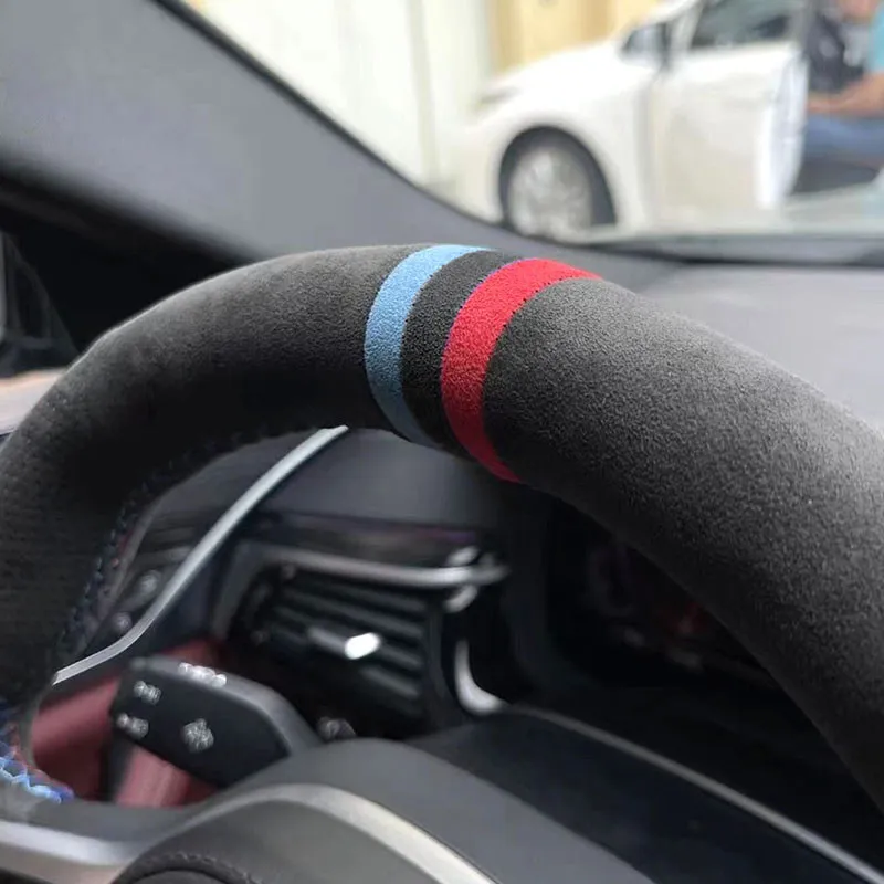 Protector de cuero de ante para volante de coche, barra de línea roja y azul para BMW M Sport F20 F22 M140i M235i F30 F34 F32 F36 F48 F15 F16 F25 F26 - imagen 3
