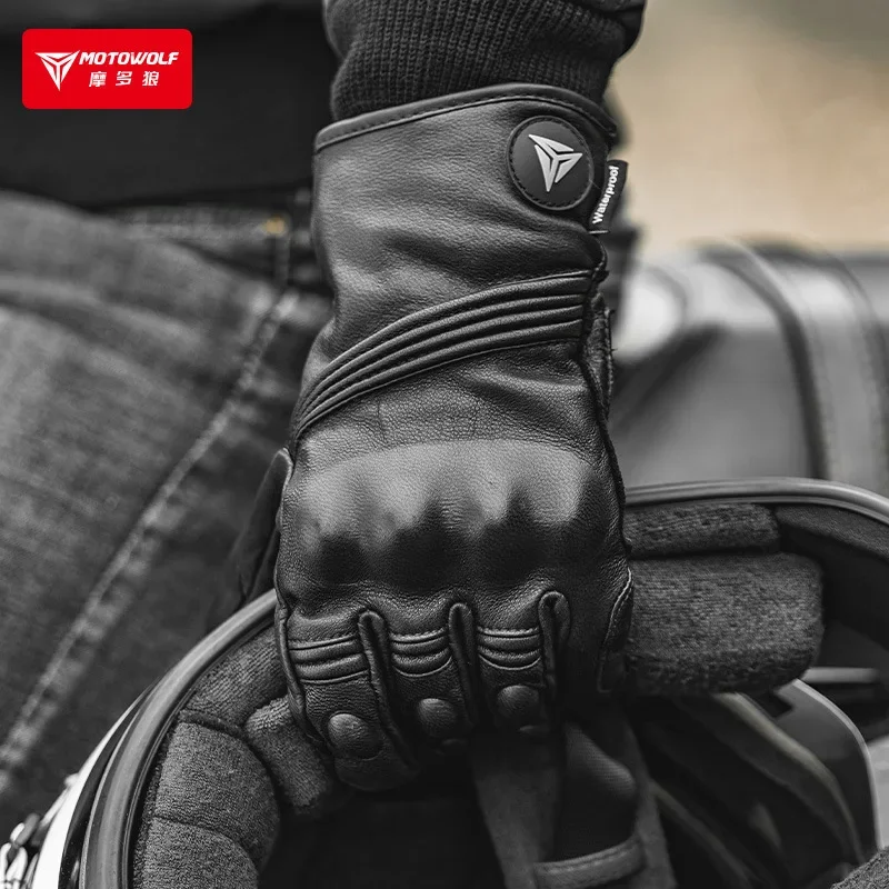 Guantes de cuero largos moto inverno tactil antiviento - imagen 3