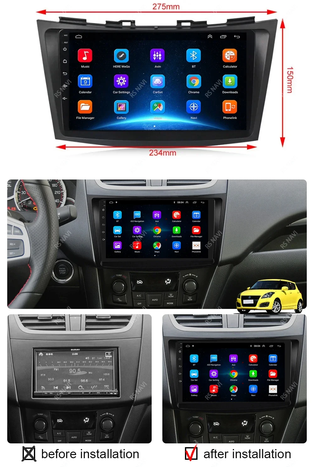 Vista frontal de la radio Android 15 Carplay para Suzuki Swift 4