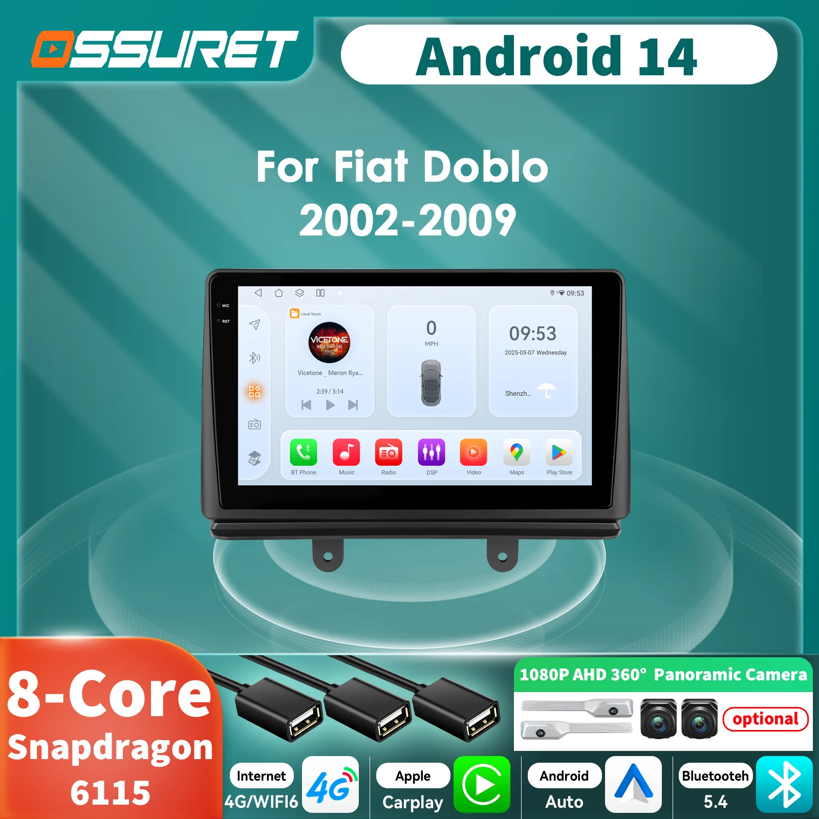 Autoradio Android 14 Fiat Doblo 2002-2009 GPS Bluetooth Carplay