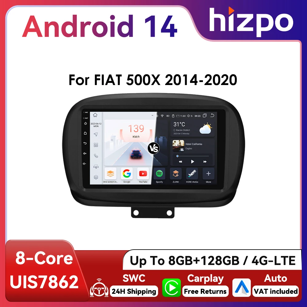 9 "CarPlay Hizpo 2Din Android Auto Radio de coche para Fiat 500X 2014 - 2020 Multimedia UI7862 navegación GPS RDS DSP SWC 4G Bluetooth