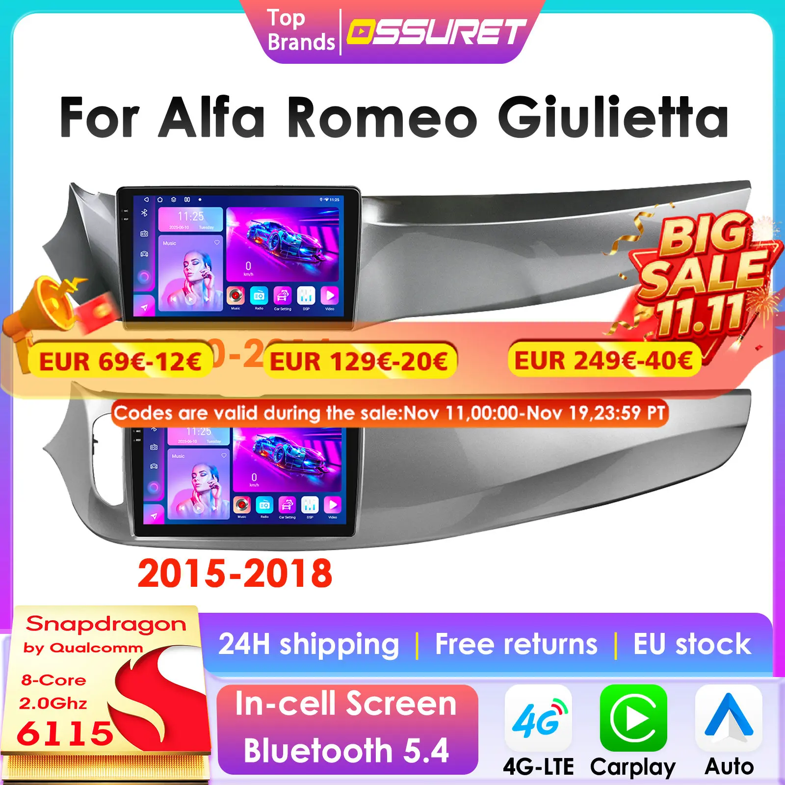 Radio 2 DIN Android 13 con cámara 360 para Alfa Romeo Giulietta