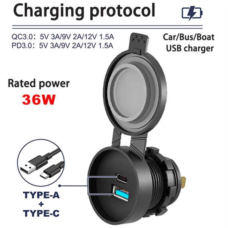 Adaptador USB-C QC3.0 impermeable con carga rápida para coche - imagen 2