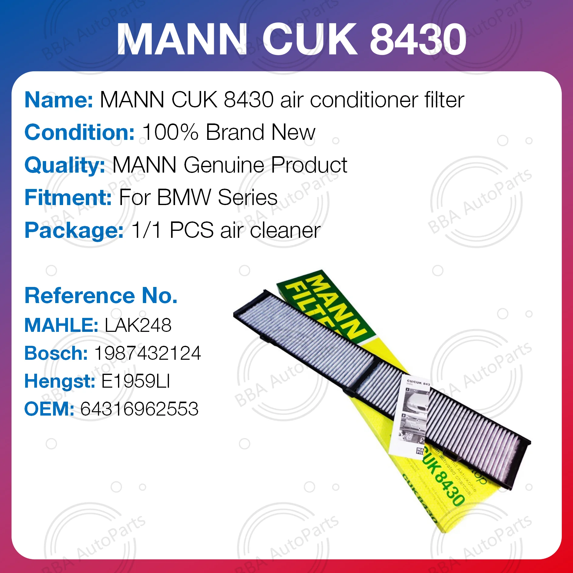 Filtro aire acondicionado Mann CUK8430 – BMW 120i 320i 318i X1 - imagen 2