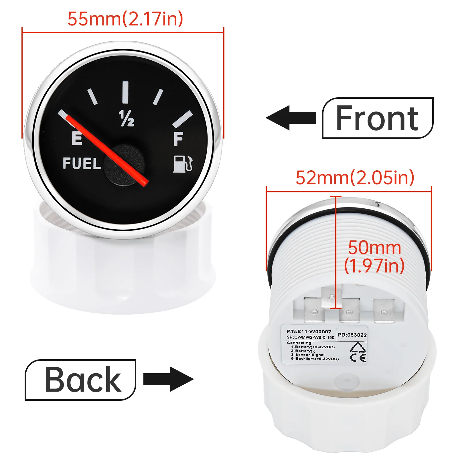 Indicador nivel combustible 52mm retroiluminación roja 0-190ohm – Coche Barco - imagen 5