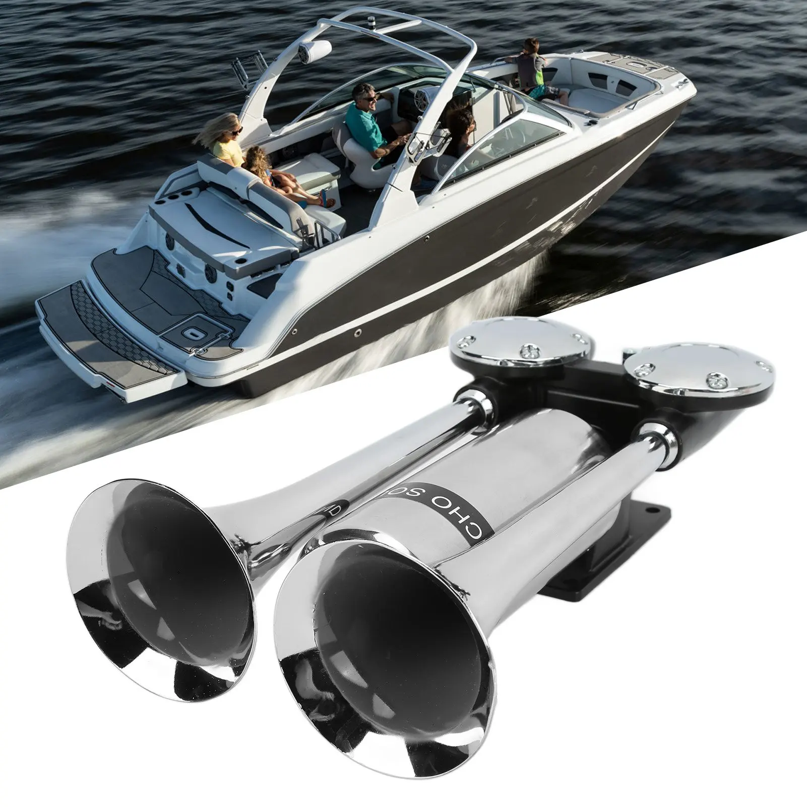 Bocina de aire doble tubo cromada – aleación zinc 12V para coche y camión - imagen 4