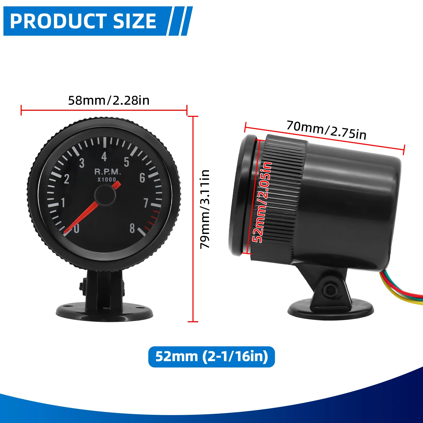 Tacómetro con retroiluminación blanca de 2 ", 52mm, RPM, tacómetro para coche, medidor de 0-8000RPM, caja negra, tacómetro para 1-8 cilindros de gasolina - imagen 5