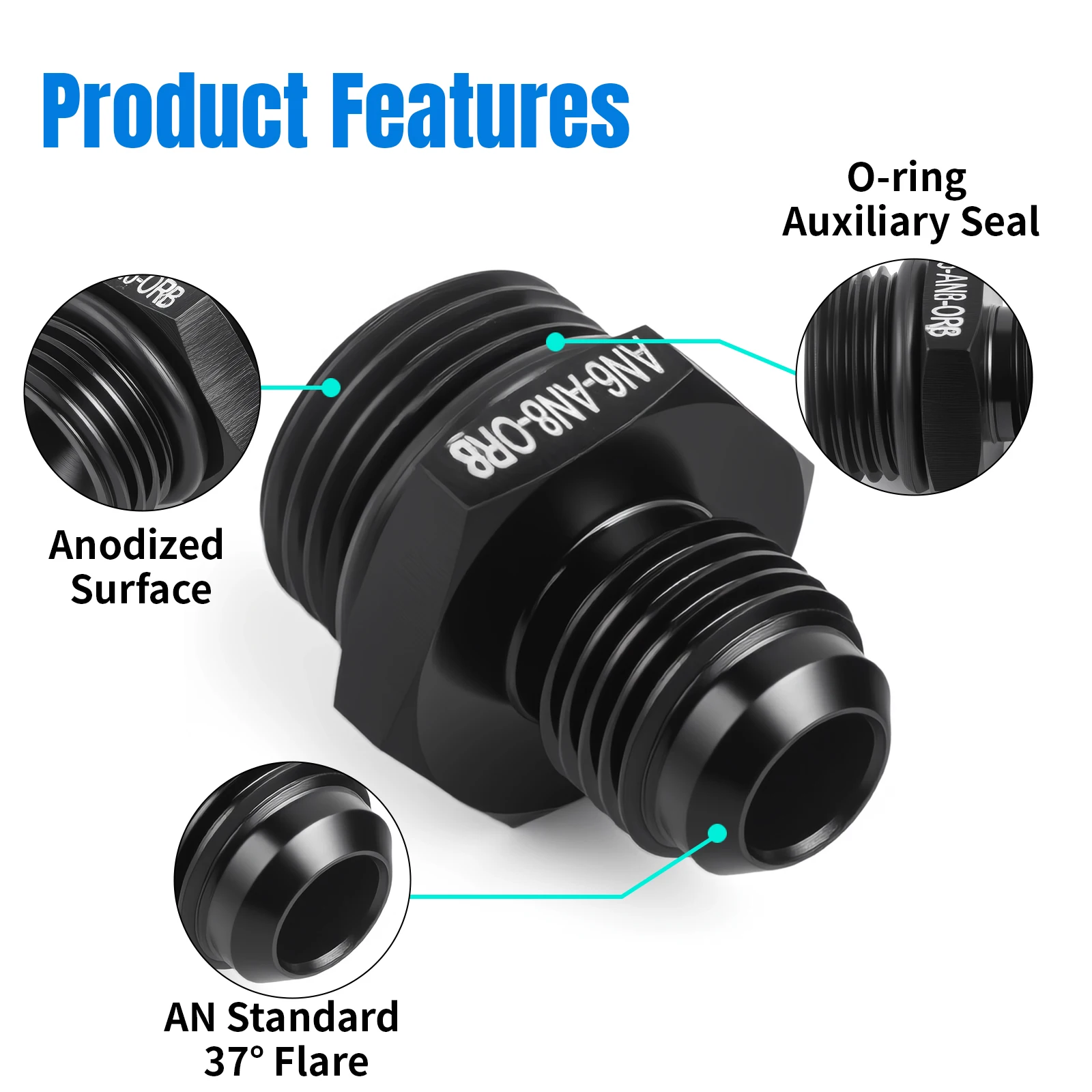Adaptador recto de combustible AN6 macho a ORB AN6/8/10 negro anodizado - imagen 4