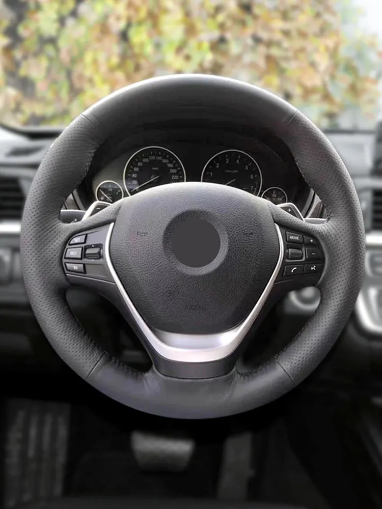 Funda de volante trenzada de cuero negro cosida a mano – BMW F20-F36