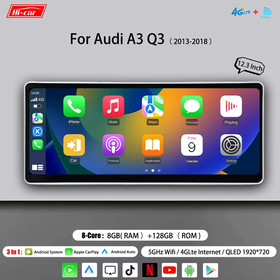 Radio Android Audi A3 Q3 2013-2018 CarPlay inalámbrico