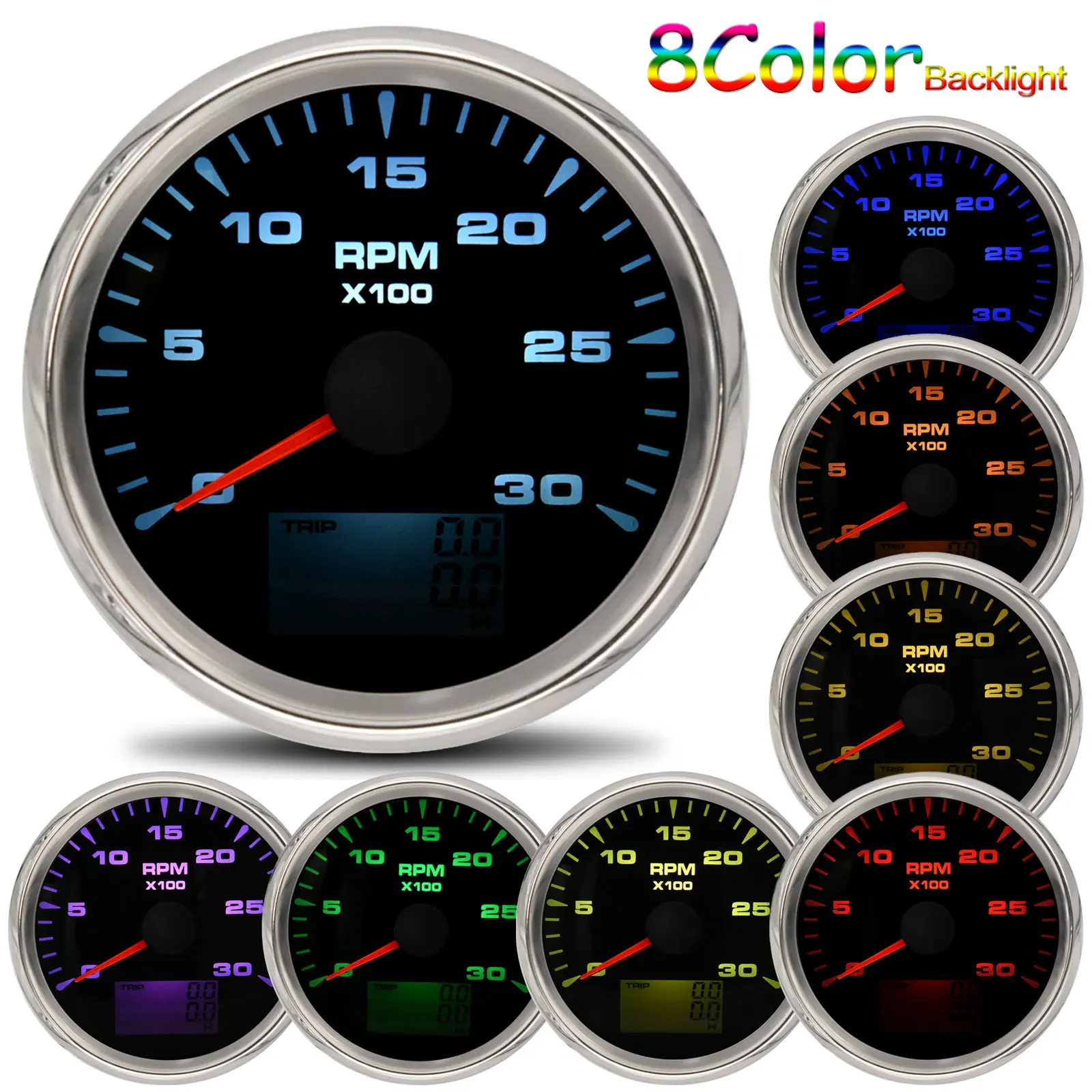 Tacómetro universal LCD con cuentahoras 3000-8000 rpm