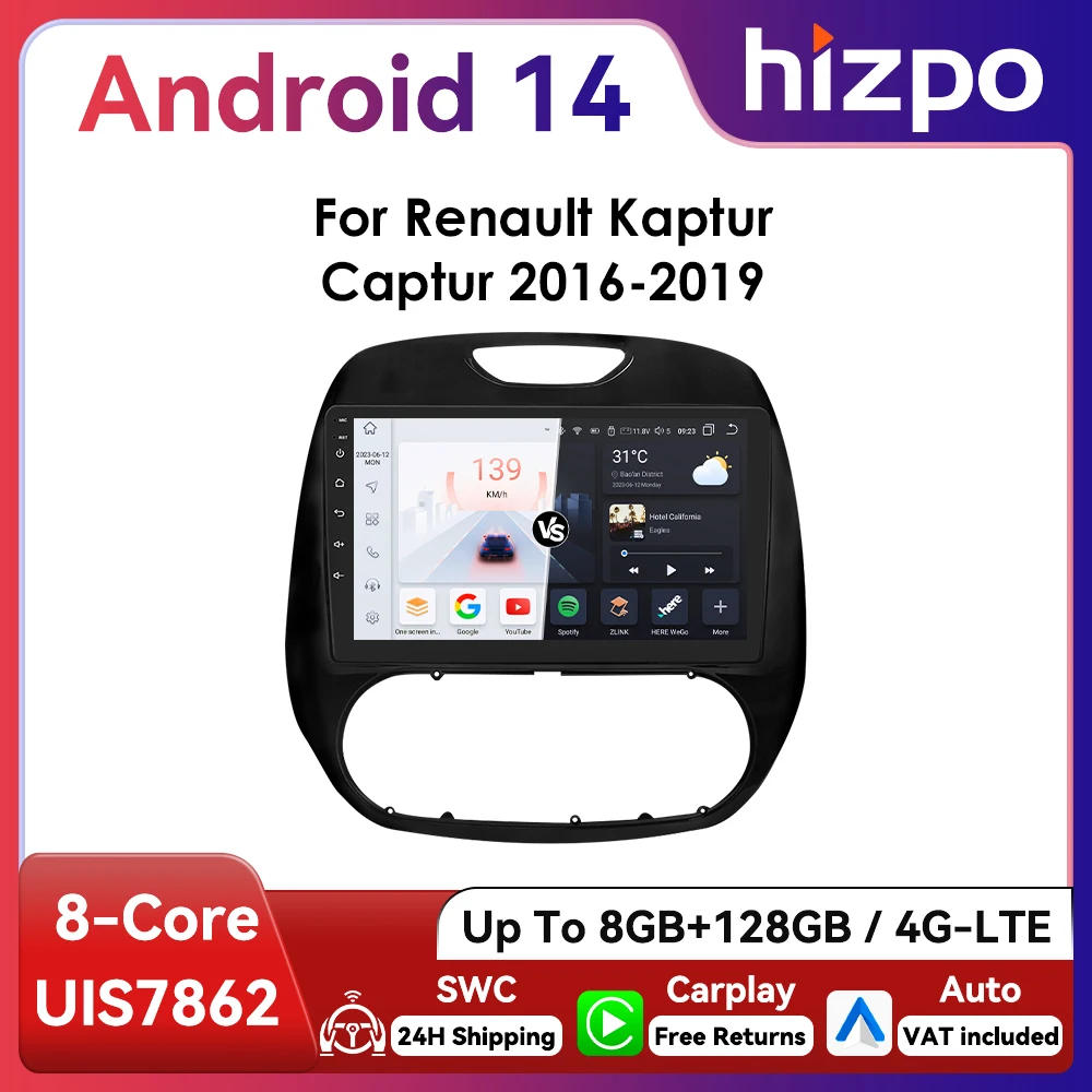 Hizpo Autoradio 9" CarPlay Android Auto GPS – Renault Kaptur 2016-2019