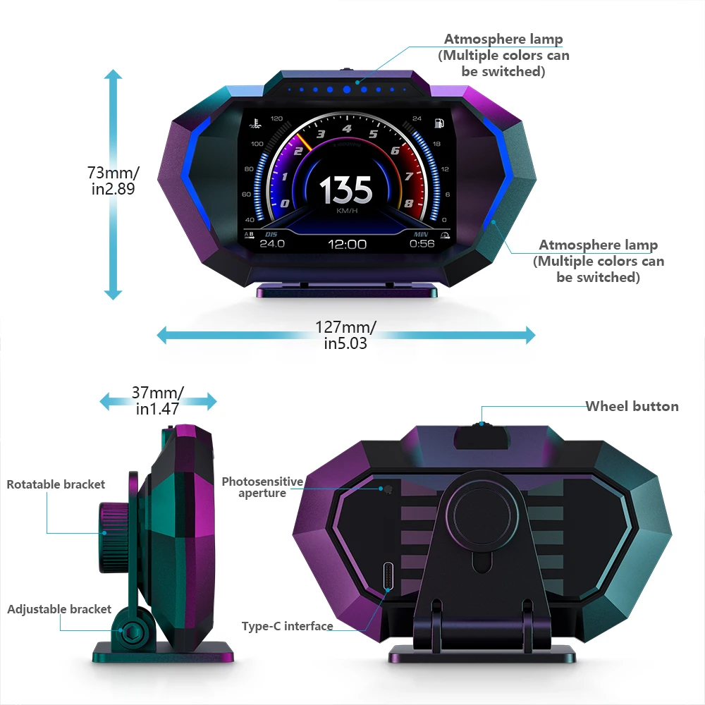Pantalla HUD OBD2 P24 velocímetro y consumo – Alarma velocidad - imagen 4