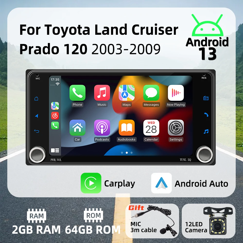 Radio 2 DIN con CarPlay y Android para Toyota Land Cruiser Prado 120