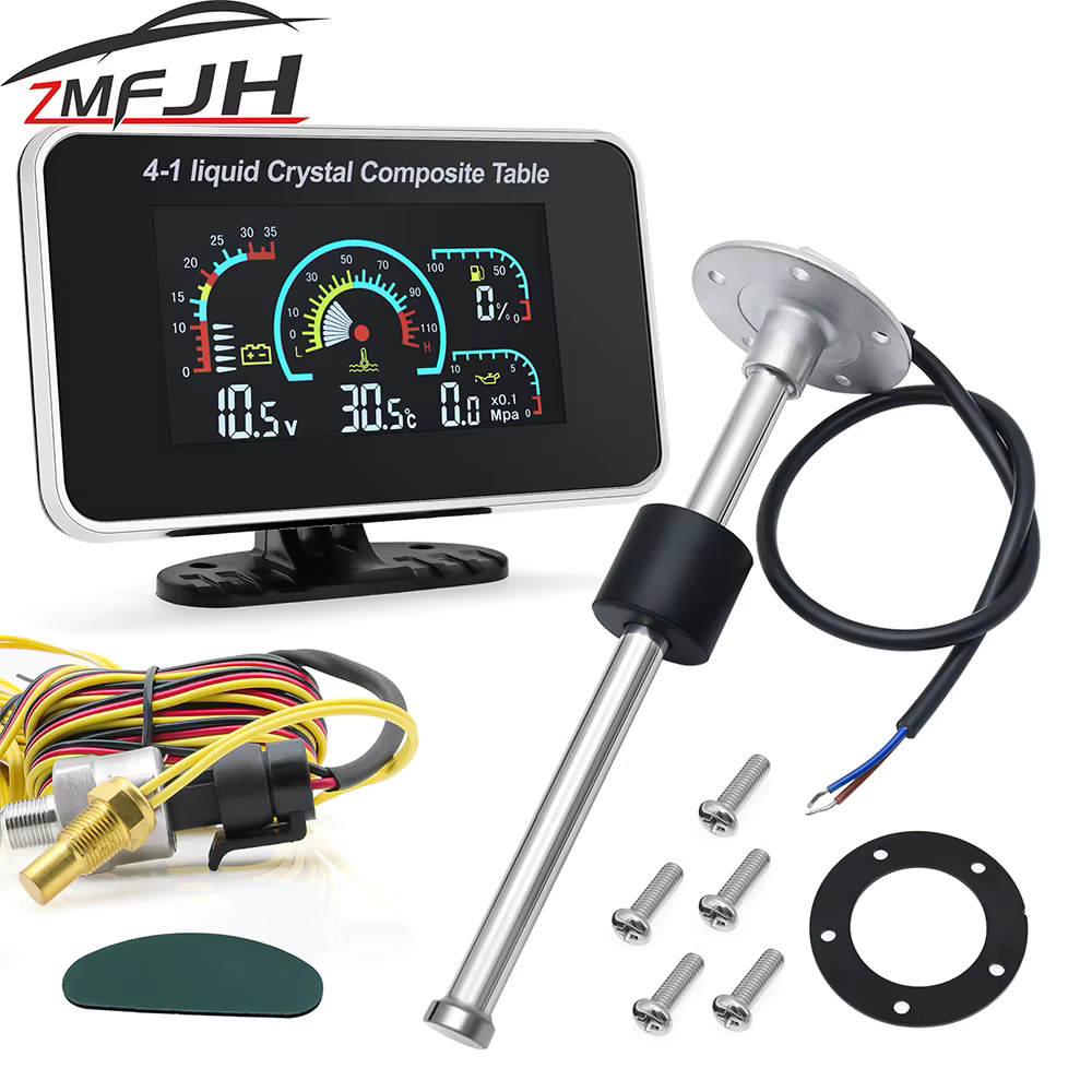Medidor Digital LCD para coche y camión, medidor de presión de aceite 4 en 1, medidor de temperatura del agua, voltímetro, nivel de combustible de 0-190 ohm, Sensor de nivel de combustible de 12V/24V