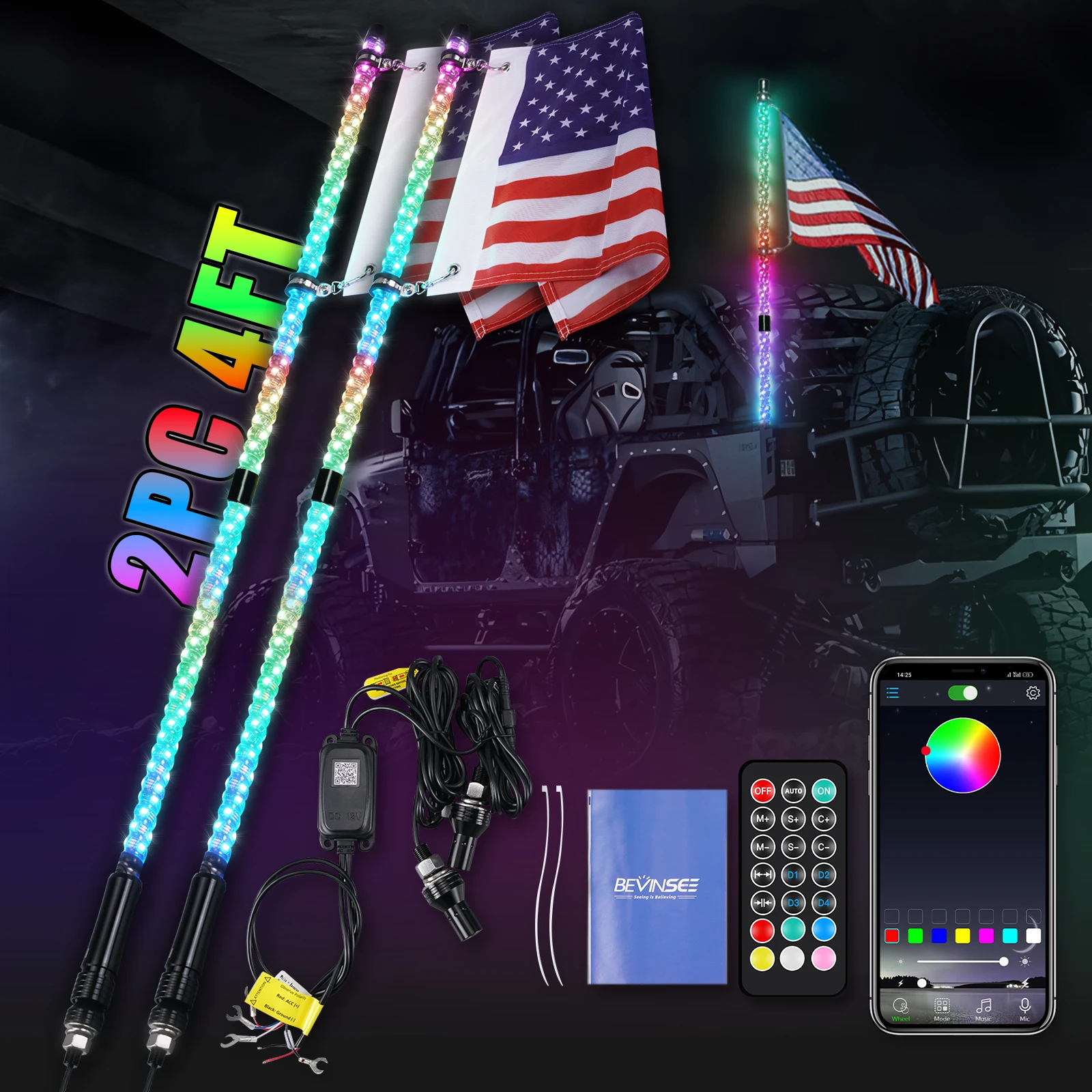 Luces de látigo LED BEVINSEE IP65 multicolor app – UTV todoterreno
