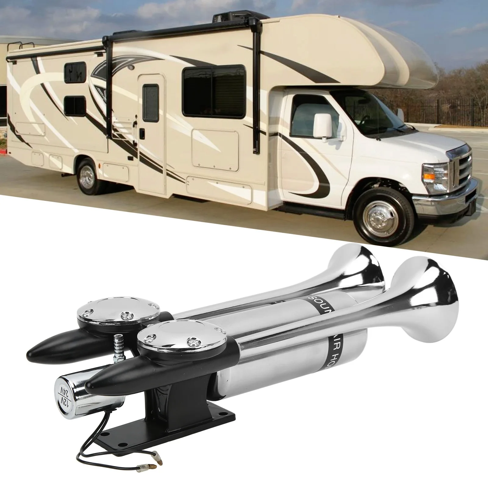 Bocina de aire doble tubo cromada – aleación zinc 12V para coche y camión