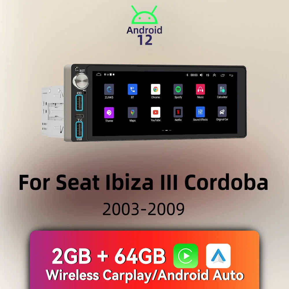 Radio Android Auto Carplay 1Din inalámbrica Seat Ibiza III 2003-2009