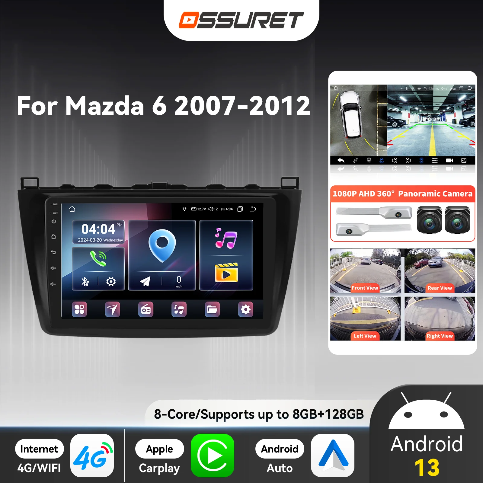 Radio multimedia 2DIN Android 13 con CarPlay para Mazda 6 2007-2012