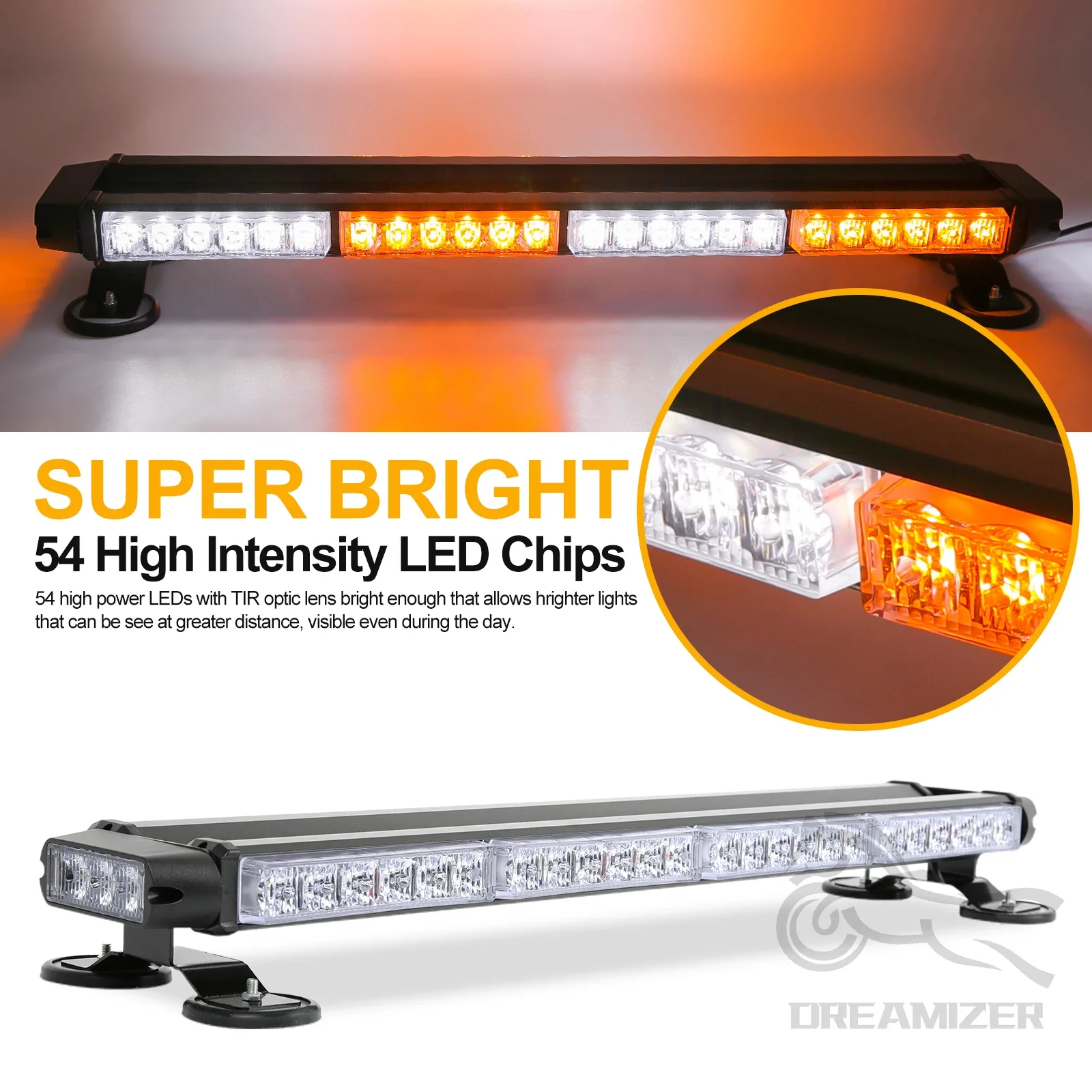 Barra LED estroboscópica magnética blanca/ámbar para coche y remolque